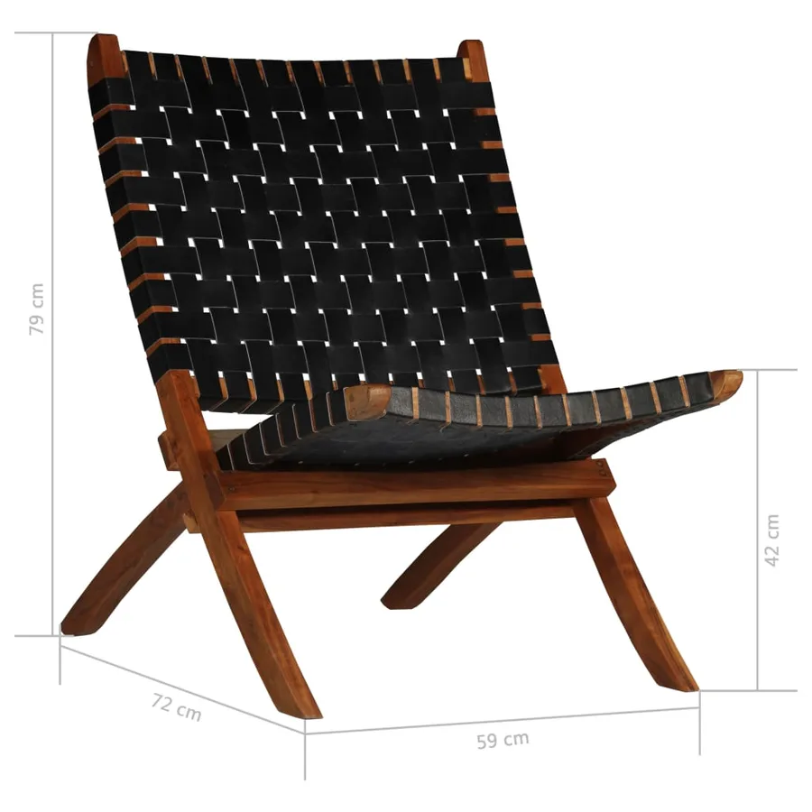 Chaise pliable bandes croisées noir cuir véritable - 11