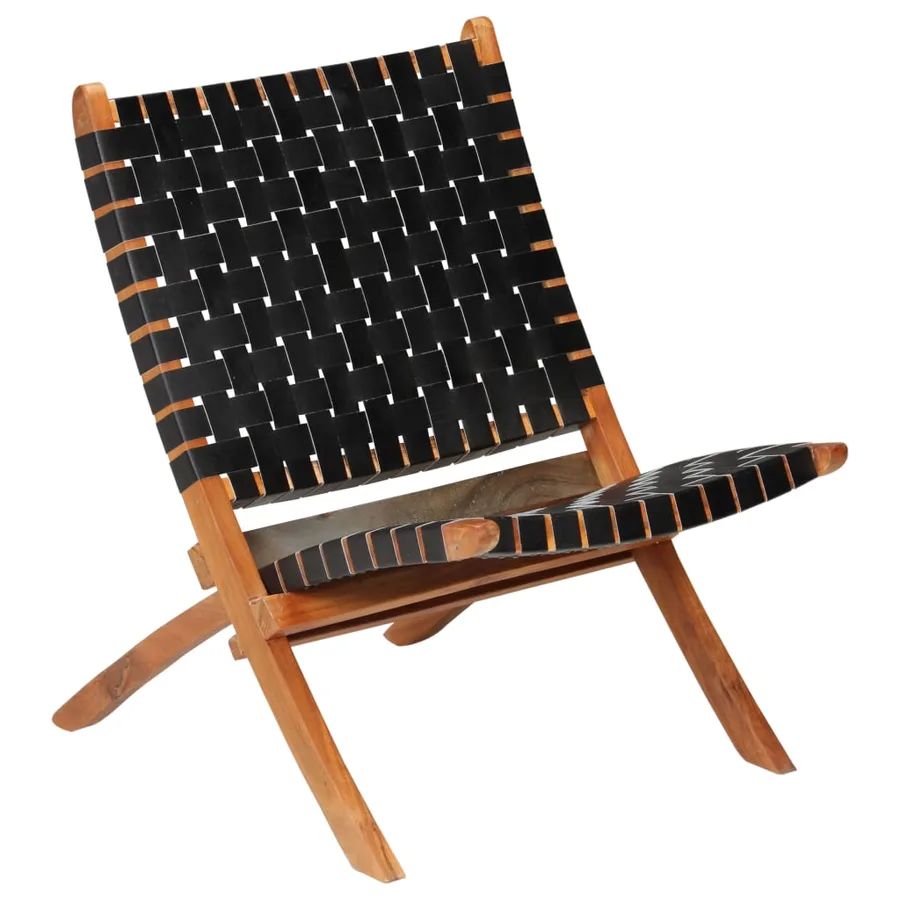 Chaise pliable bandes croisées noir cuir véritable - 14