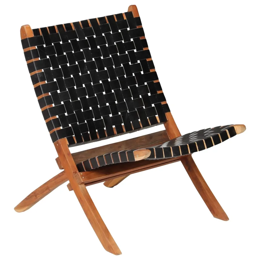 Chaise pliable bandes croisées noir cuir véritable - 15