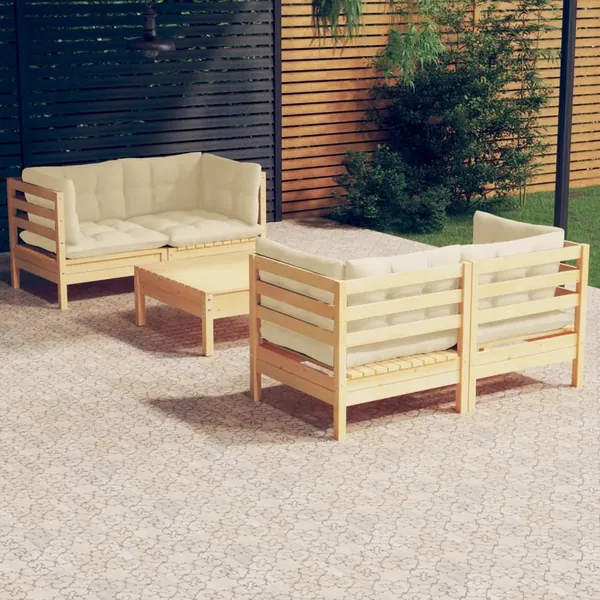 Salon de jardin 5 pcs avec coussins crème bois de pin