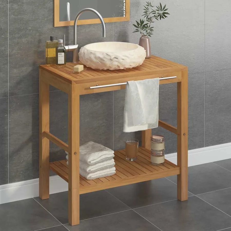Armoire de toilette en teck solide avec lavabo en marbre Crème