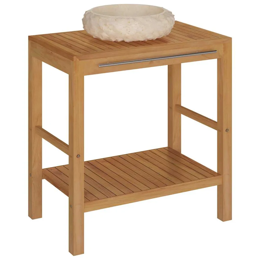 Armoire de toilette en teck solide avec lavabo en marbre Crème - 2