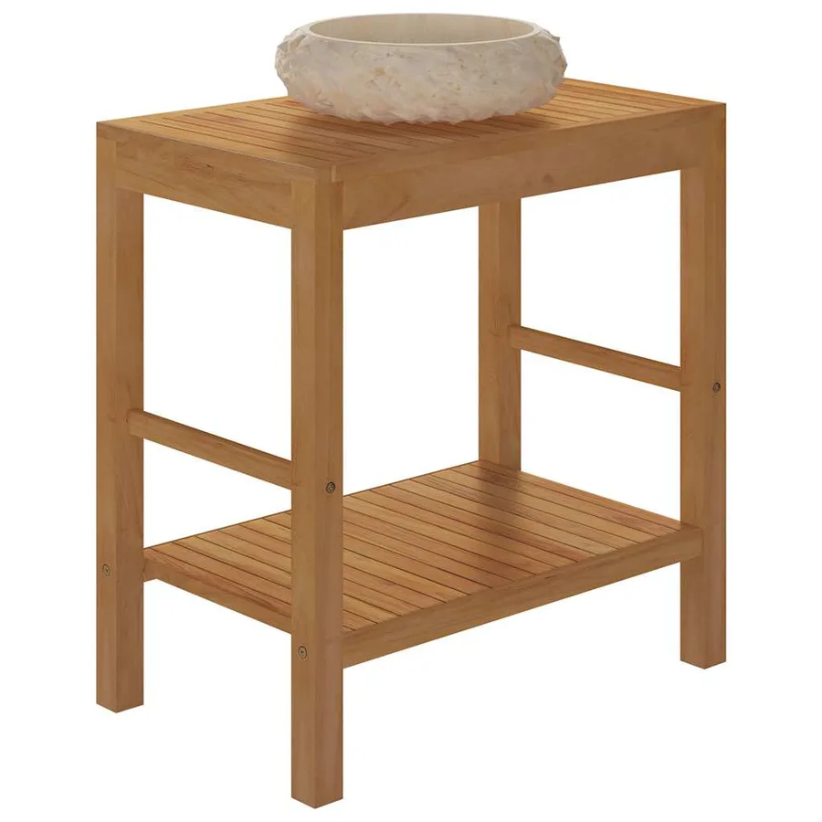 Armoire de toilette en teck solide avec lavabo en marbre Crème - 5