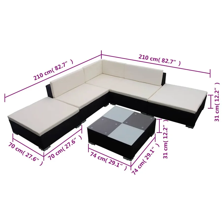 Salon de jardin 6 pcs avec coussins résine tressée noir - 6