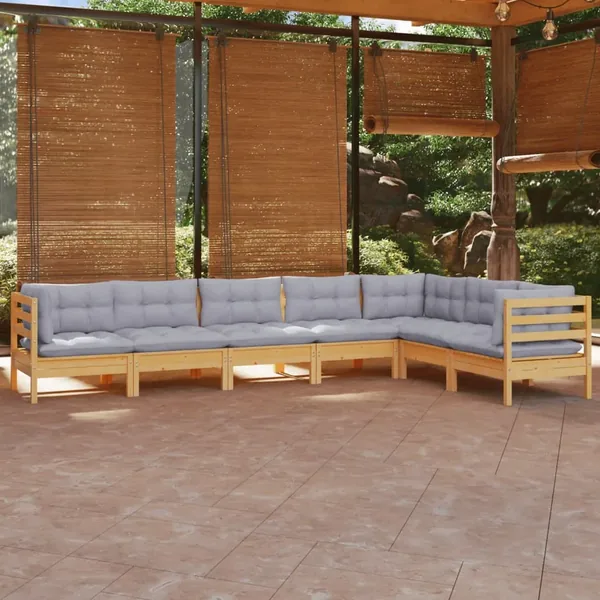 Salon de jardin 7 pcs avec coussins gris bois de pin massif