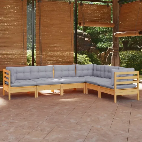 Salon de jardin 6 pcs avec coussins gris Bois de pin massif