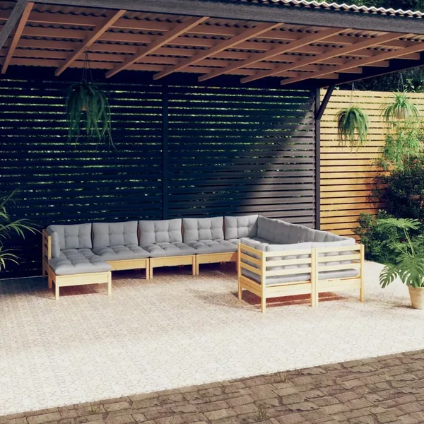 Salon de jardin 10 pcs avec coussins gris Bois de pin