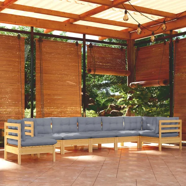 Salon de jardin 8 pcs avec coussins gris Bois de pin massif