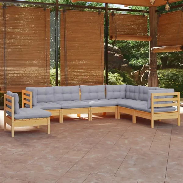 Salon de jardin 7 pcs avec coussins gris bois de pin massif