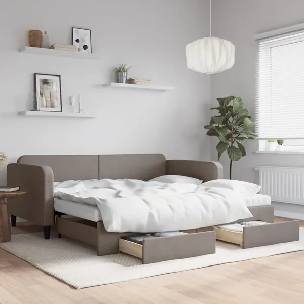 Lit de jour avec gigogne et tiroirs taupe 100x200 cm tissu
