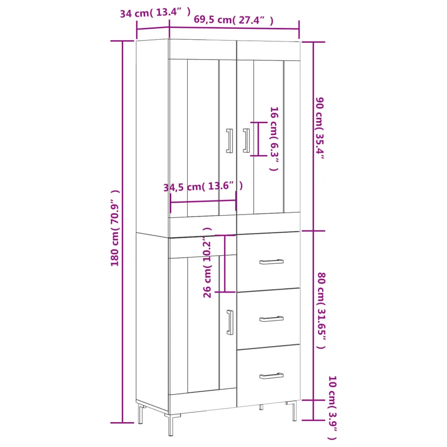 Buffet haut Chêne sonoma 69,5x34x180 cm Bois d'ingénierie - 14