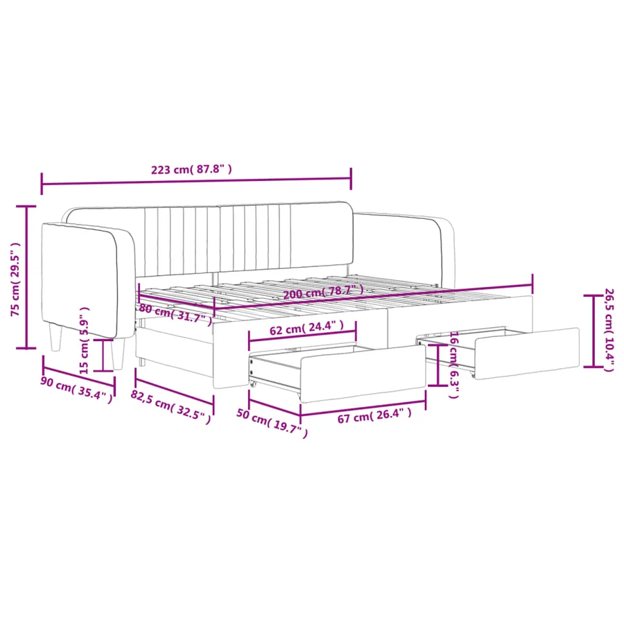 Lit de jour avec gigogne et tiroirs sans matelas rose 80x200 cm - 12
