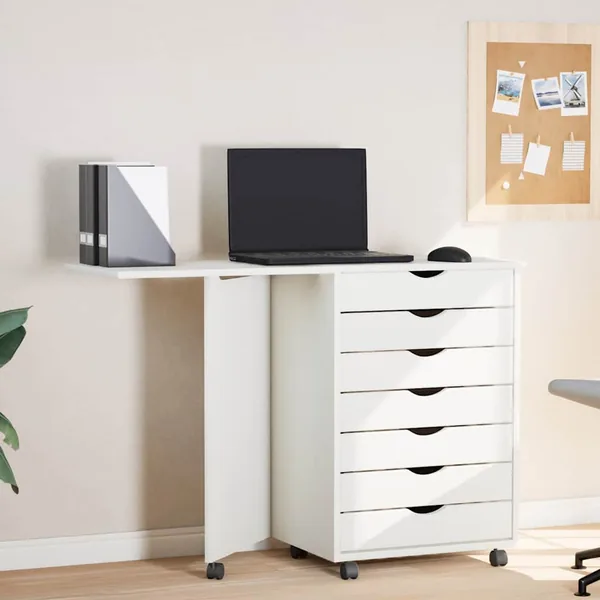 Armoire roulante avec bureau MOSS blanc bois de pin solide