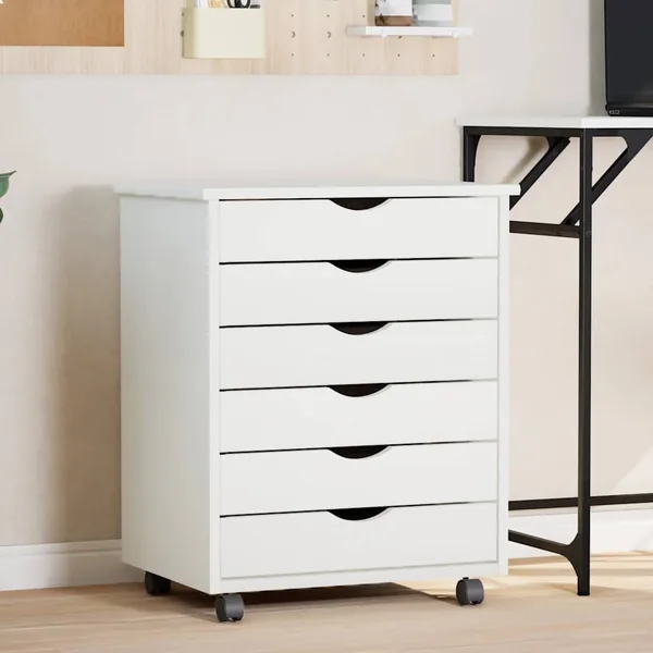 Armoire roulante avec tiroirs MOSS blanc bois de pin solide
