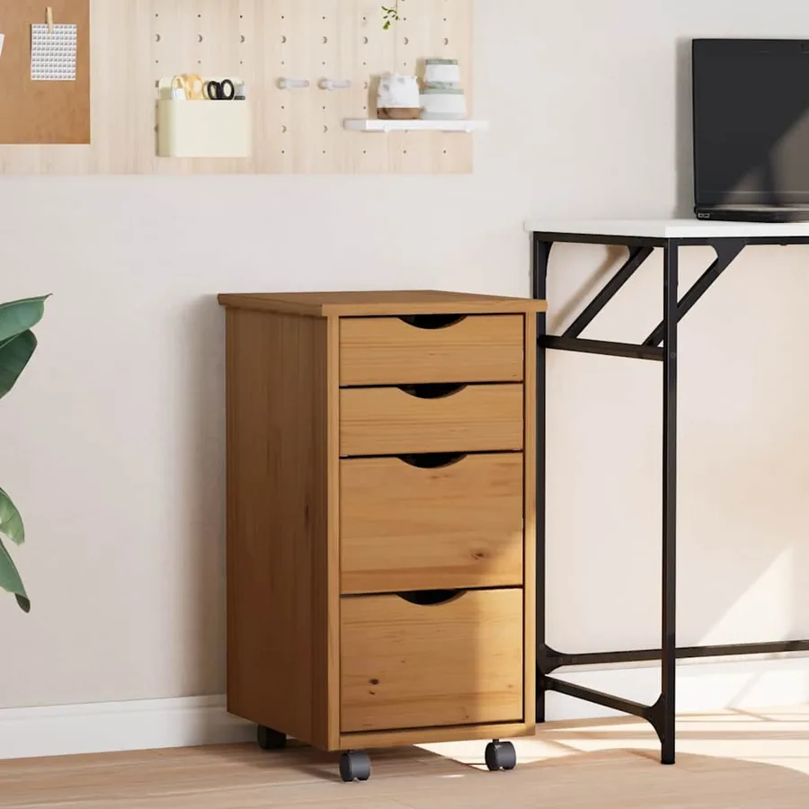 Armoire roulante avec tiroirs MOSS bois de pin marron miel