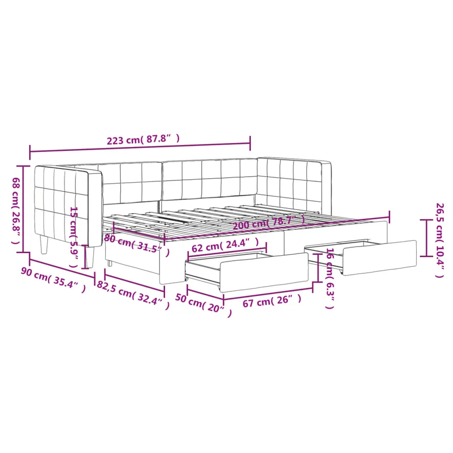 Lit de jour avec gigogne et tiroirs sans matelas rose 80x200 cm - 12