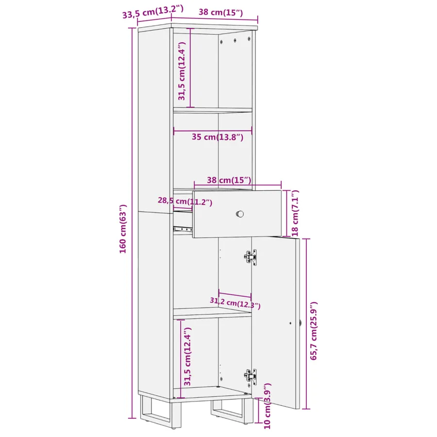 Armoire bain marron et noir 38x33,5x160 cm bois massif manguier - 12