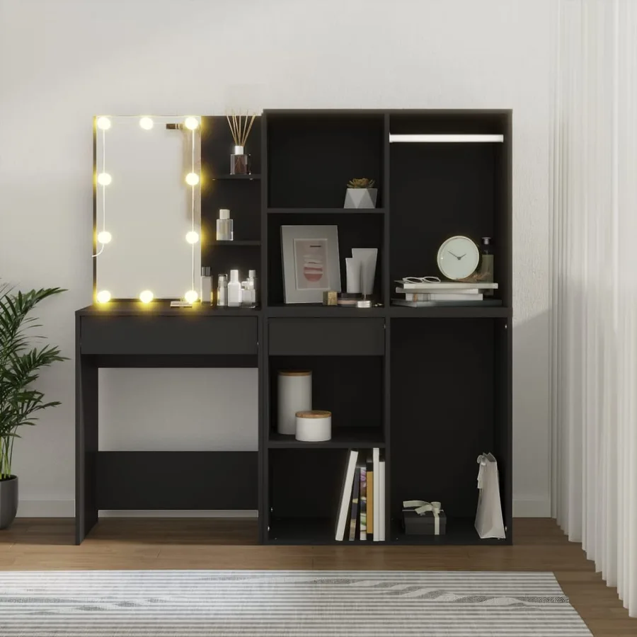 Coiffeuse à LED avec armoires noir bois d'ingénierie - 4