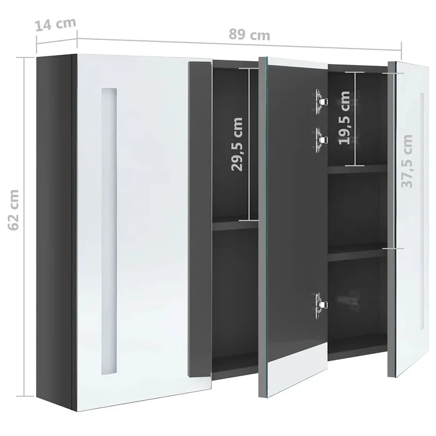 Armoire de salle de bain à miroir LED 89x14x62 cm Gris brillant - 8