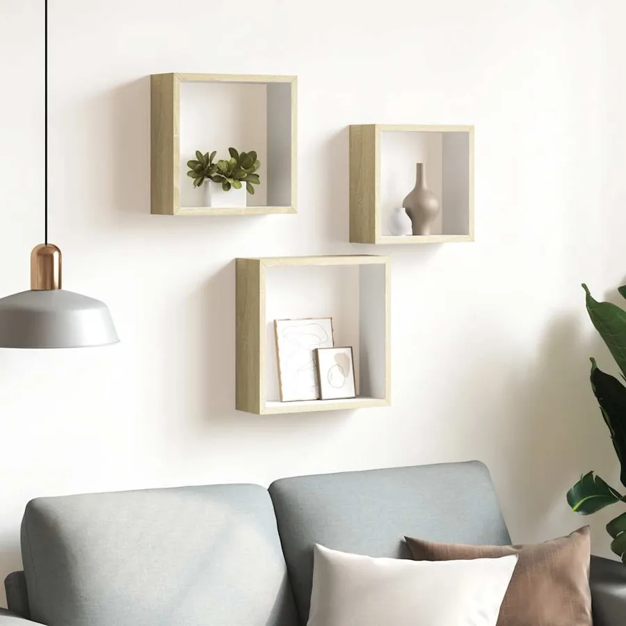 Étagères murales sous forme de cube 3 pcs Blanc et chêne sonoma - 3