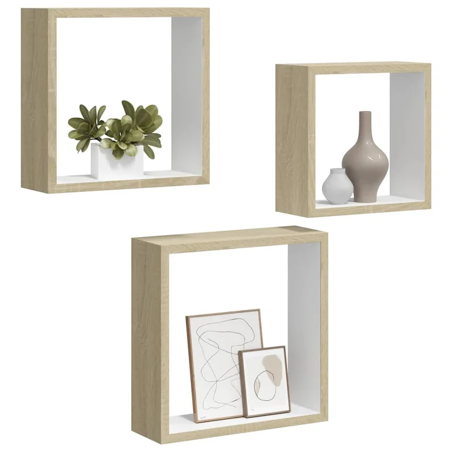 Étagères murales sous forme de cube 3 pcs Blanc et chêne sonoma - 4