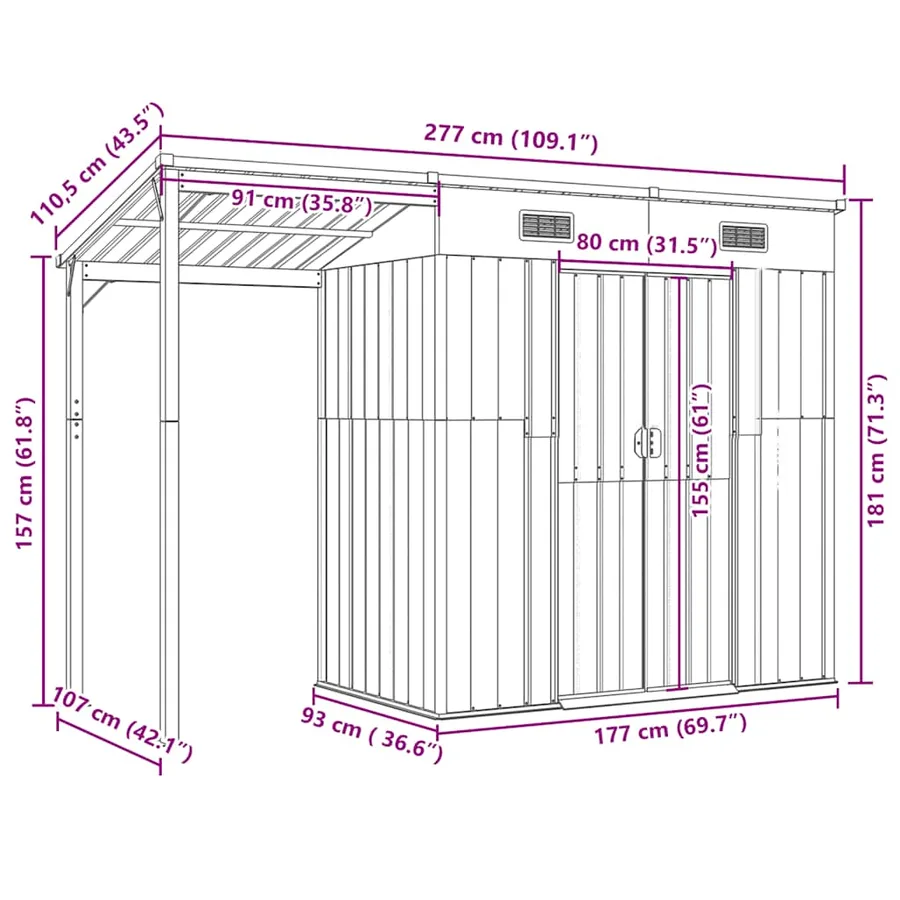 Abri de jardin avec toit prolongé anthracite 277x107x181 cm - 9
