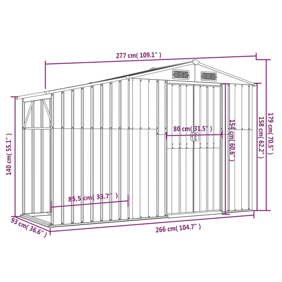 Abri de jardin anthracite 277x93x179 cm acier galvanisé - 9