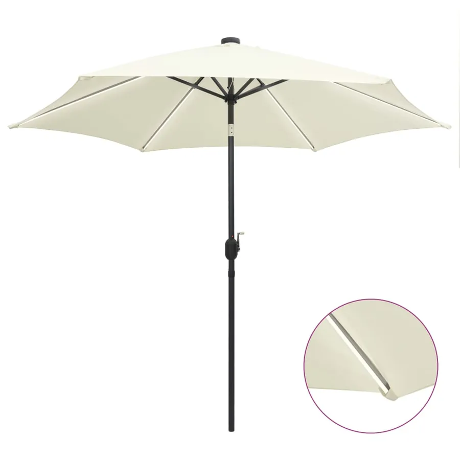 Parasol de jardin et lumières LED mât en aluminium blanc sable