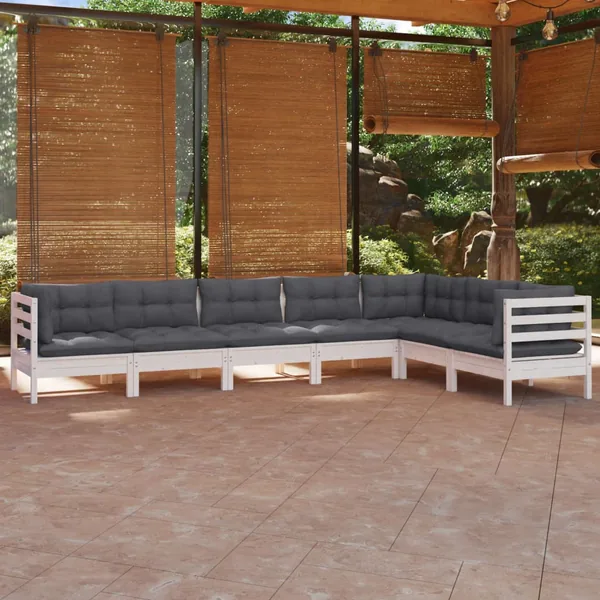 Salon de jardin 7 pcs avec coussins blanc bois de pin massif