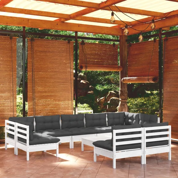Salon de jardin 10 pcs avec coussins blanc bois de pin massif