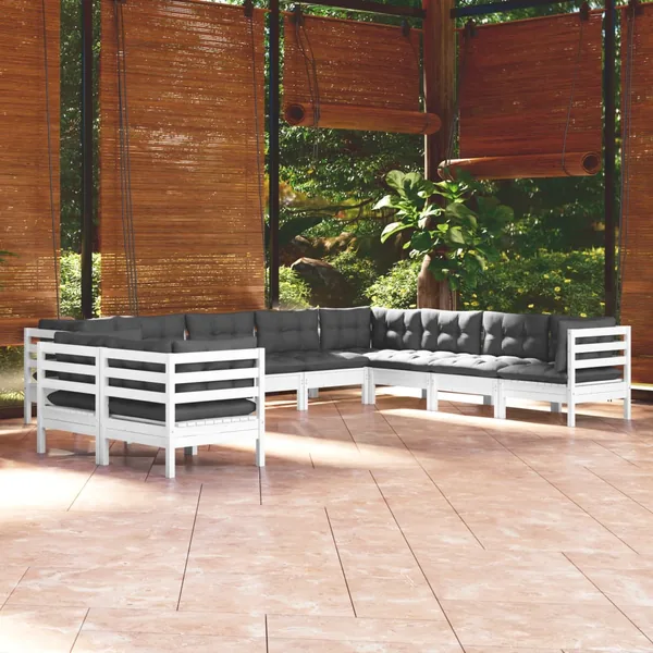 Salon de jardin 10 pcs avec coussins blanc bois de pin massif