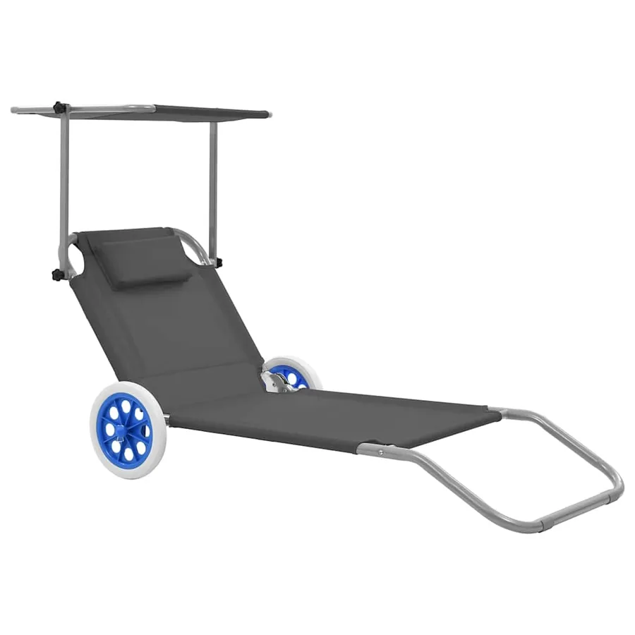 Chaise longue pliable avec auvent et roues Acier Bleu - 11