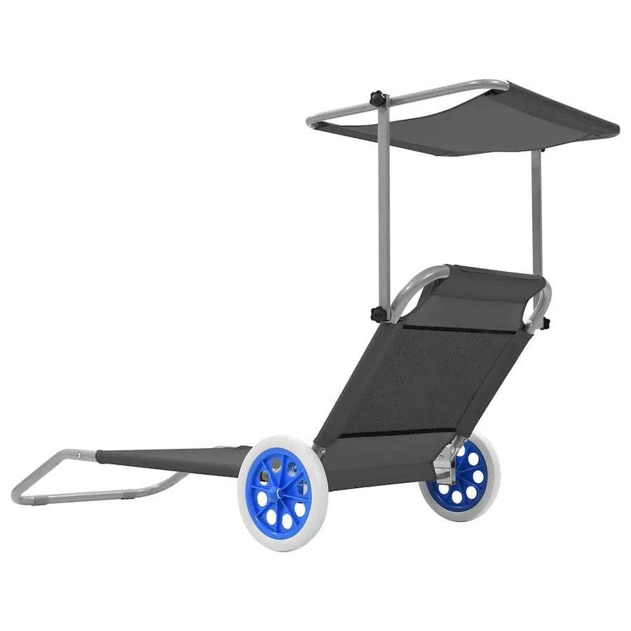 Chaise longue pliable avec auvent et roues Acier Bleu - 14