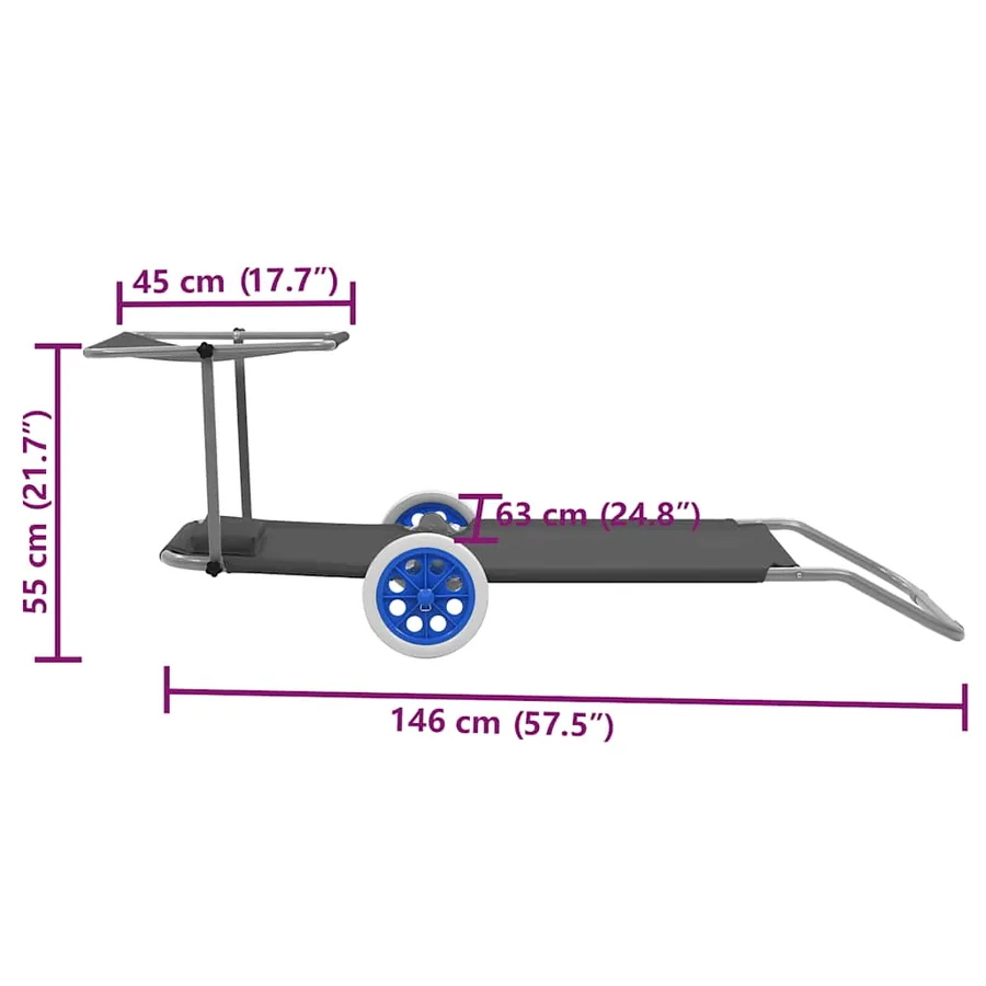 Chaise longue pliable avec auvent et roues Acier Bleu - 19