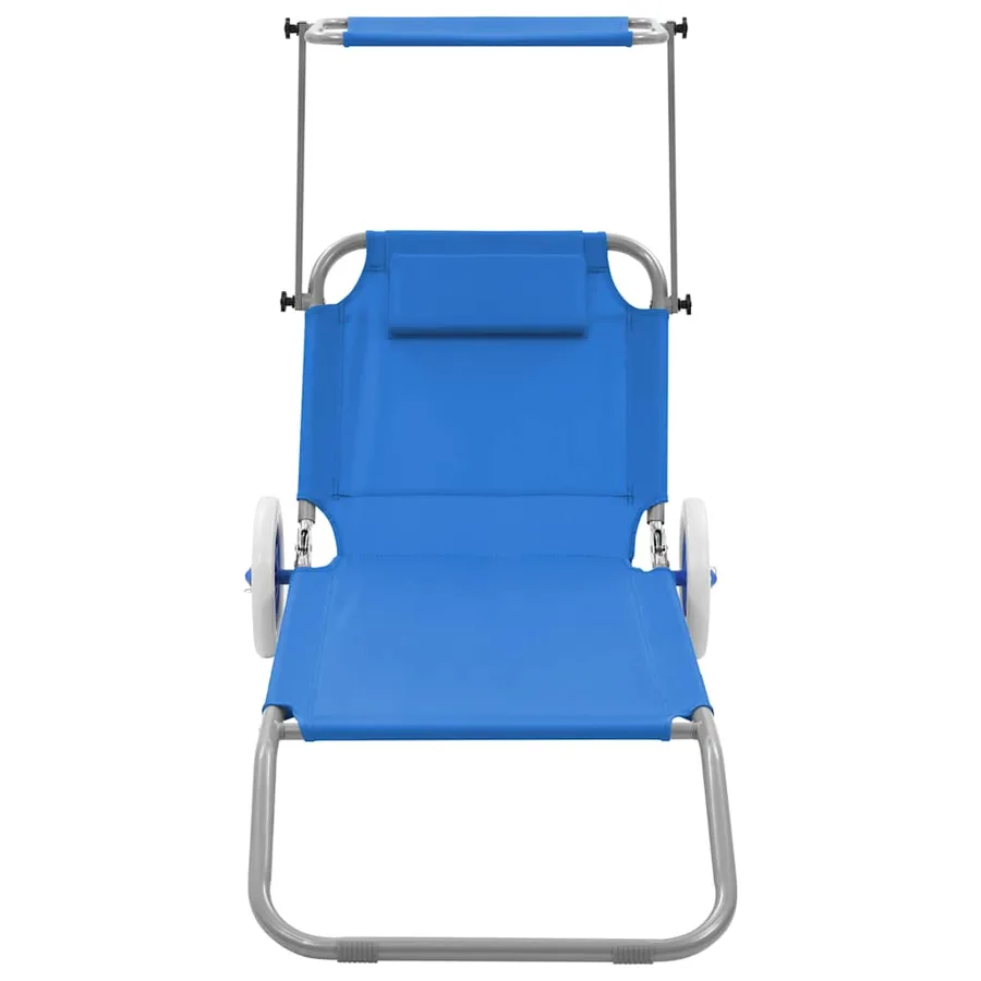 Chaise longue pliable avec auvent et roues Acier Bleu - 2