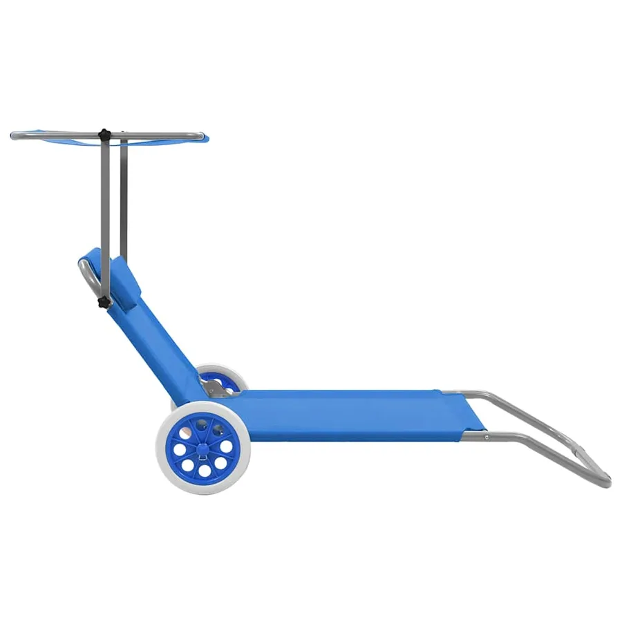 Chaise longue pliable avec auvent et roues Acier Bleu - 3