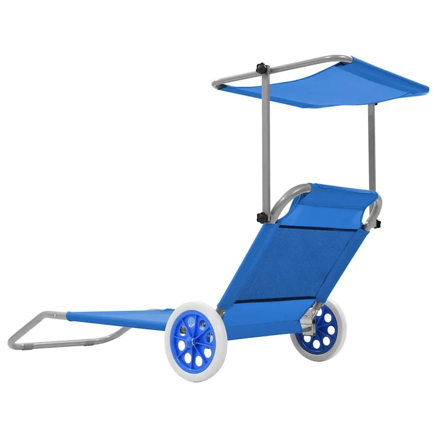 Chaise longue pliable avec auvent et roues Acier Bleu - 4