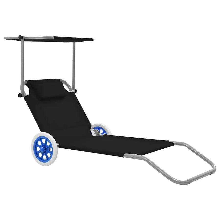 Chaise longue pliable avec auvent et roues Acier Bleu - 41