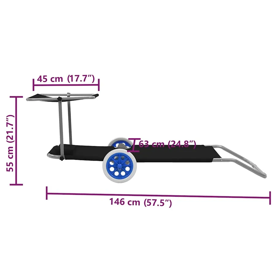 Chaise longue pliable avec auvent et roues Acier Bleu - 49