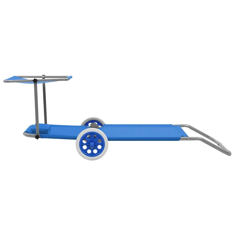 Chaise longue pliable avec auvent et roues Acier Bleu - 5