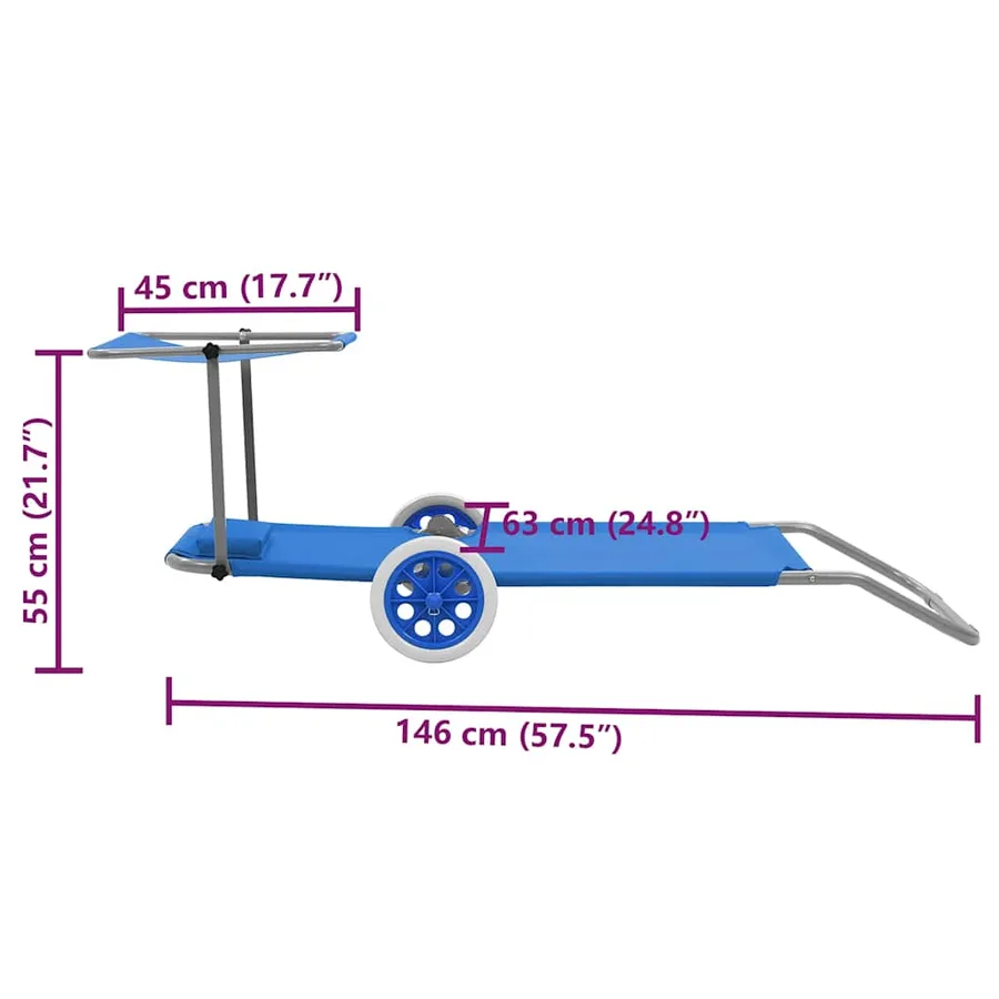 Chaise longue pliable avec auvent et roues Acier Bleu - 9