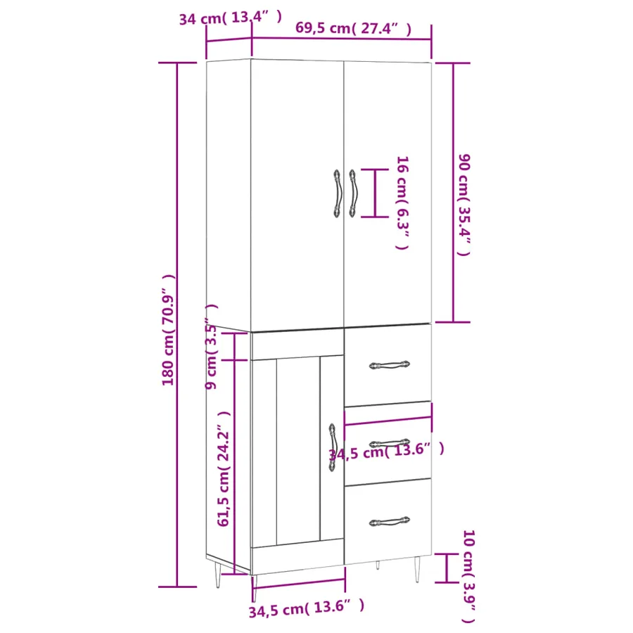Buffet haut Sonoma gris 69,5x34x180 cm Bois d'ingénierie - 14