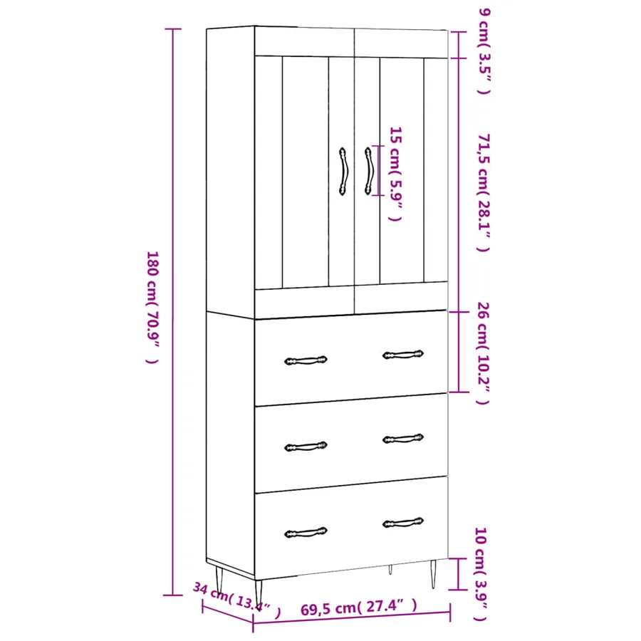 Buffet haut Sonoma gris 69,5x34x180 cm Bois d'ingénierie - 14