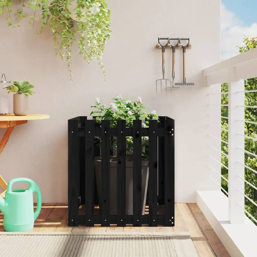 Jardinière avec design de clôture noir 70x70x70 cm pin massif