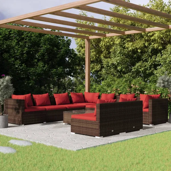 Salon de jardin 10 pcs avec coussins marron résine tressée