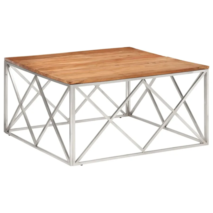 Table basse argenté acier inoxydable et bois massif d'acacia - 2