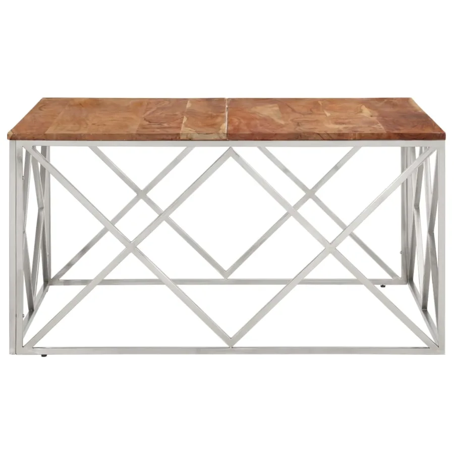 Table basse argenté acier inoxydable et bois massif d'acacia - 4