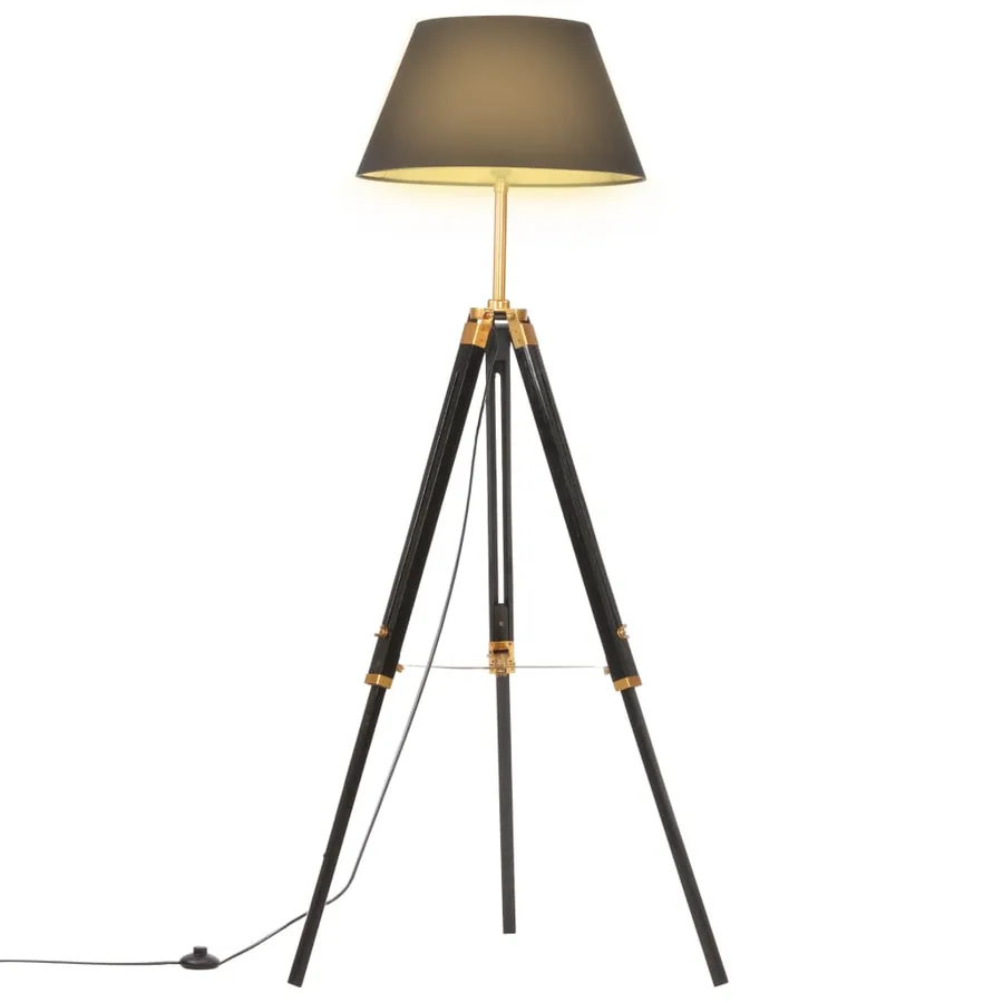 Lampadaire à trépied Noir et doré Bois de teck massif 141 cm