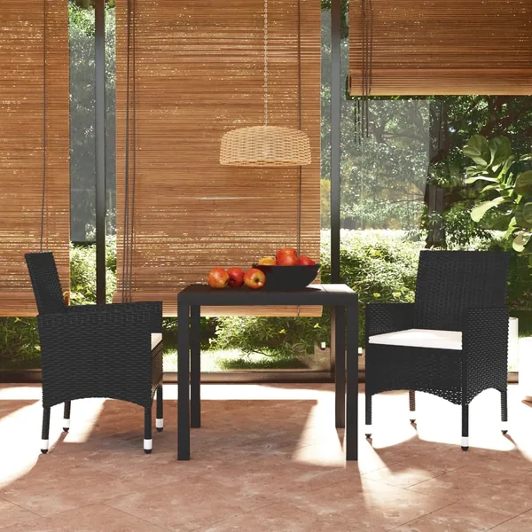 Ensemble à dîner de jardin avec coussins 3 pcs poly rotin noir