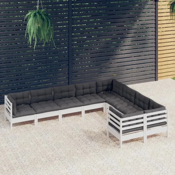 Salon de jardin 9 pcs avec coussins blanc bois de pin